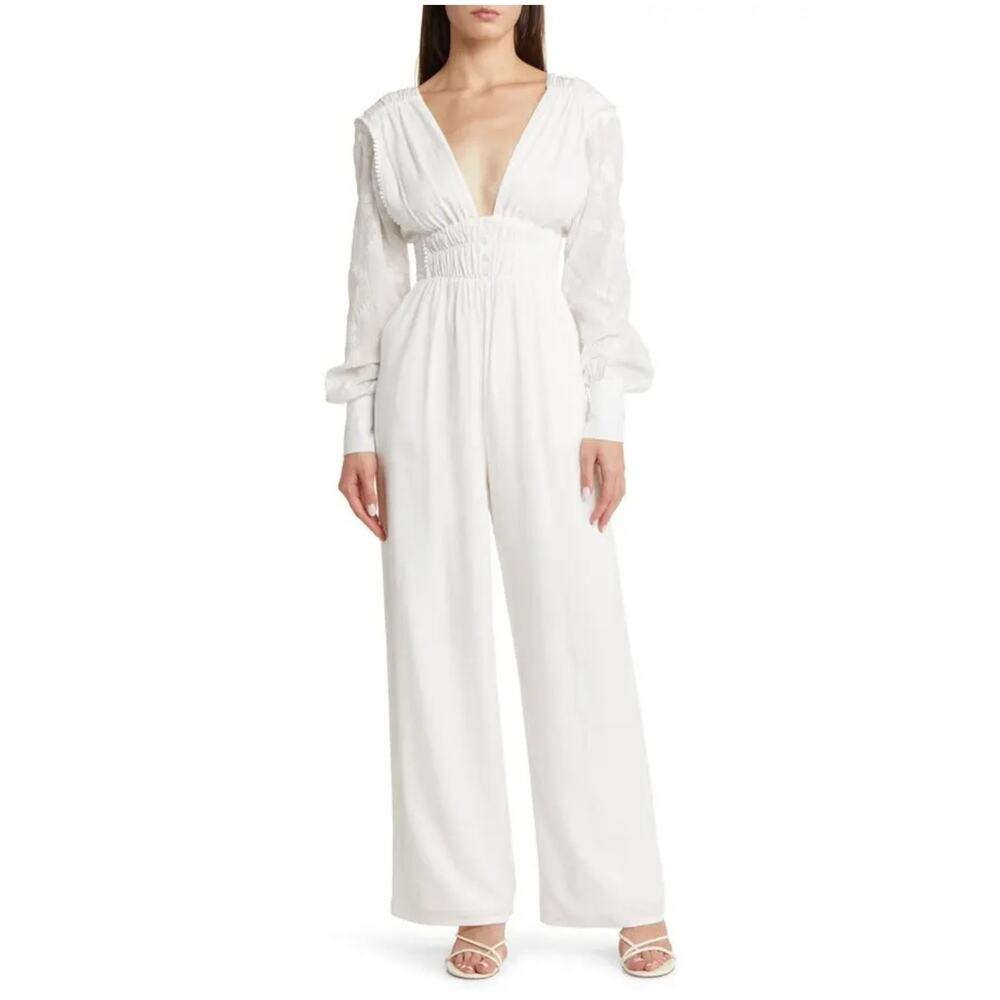 Anthropologie Yllw The Label Aliah White Cotton Long Sleeve Jumpsuit Small Beach